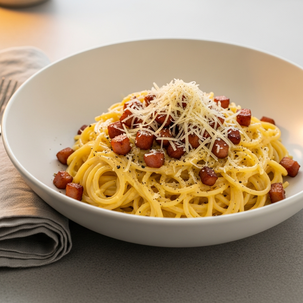 { "alt_text": "Cremet spaghetti carbonara i hvid skål med sprød bacon, revet parmesan og sort peber; gaffel i pastaen", "file_name": "nem-spaghetti-carbonara-med-bacon-og-cremet-ostesauce-5387" }