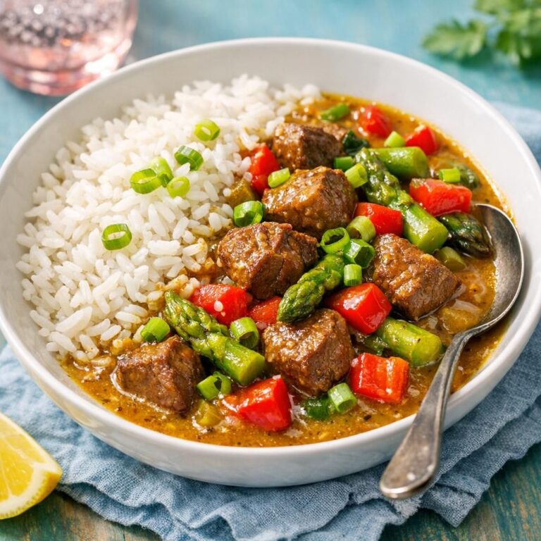 Gryderet med mørt oksekød i mild karrysauce, sprød peberfrugt, grønne asparges og forårsløg