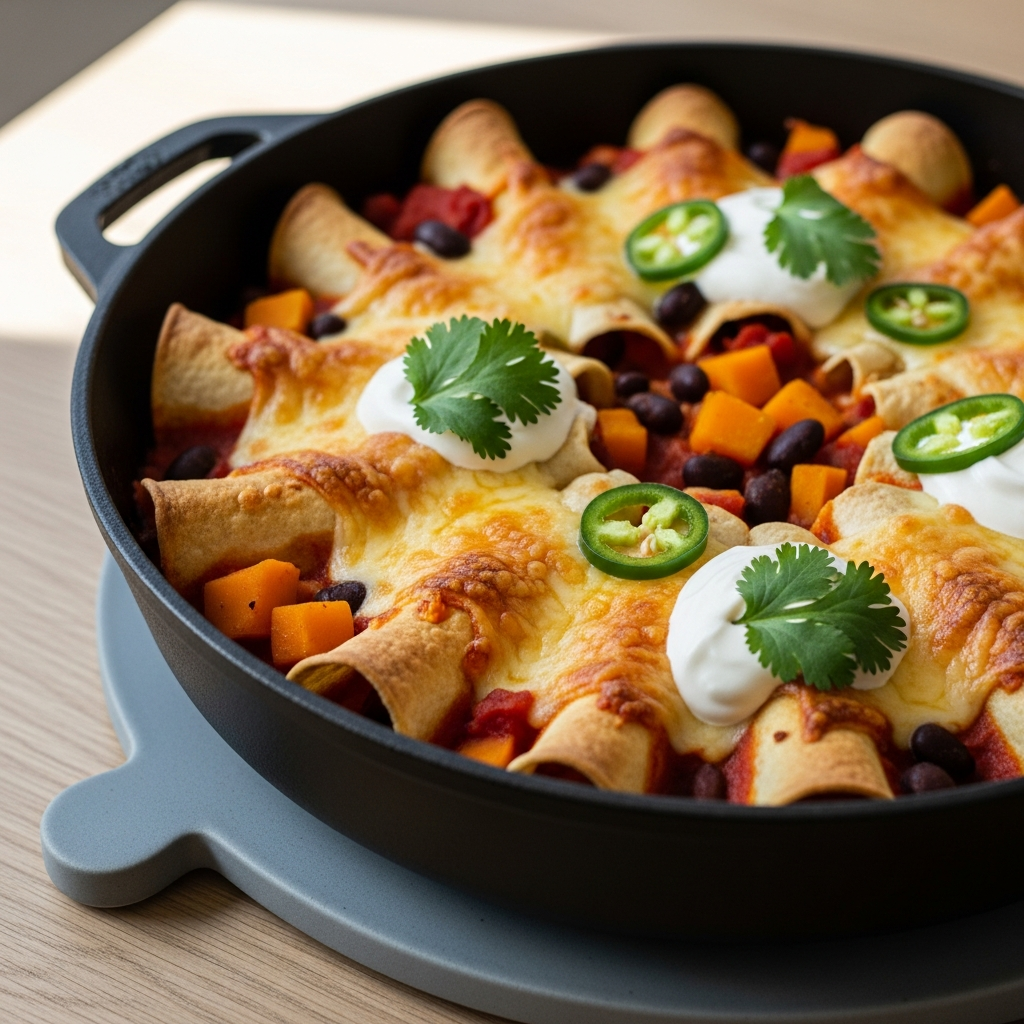 { "alt_text": "Nærbillede af sort ovnfast pande med one pot enchilada: sprøde tortillas med boblende smeltet ost, rød tomat-bønnesauce med græskar og sorte bønner, toppet med creme fraiche, koriander og grøn chili", "file_name": "one-pot-enchilada-med-smeltet-ost-4839" }