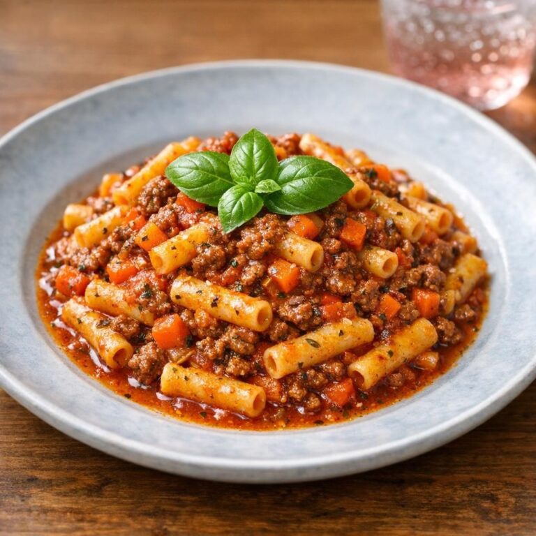 One pot pasta i én gryde med pasta, hakket oksekød og tomatbaseret sauce, pyntet med urter