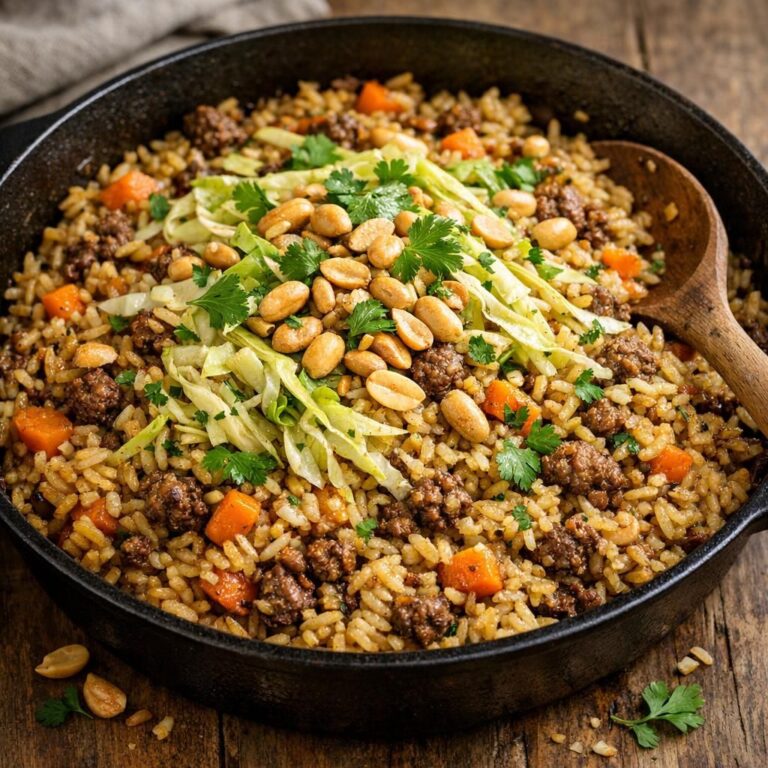 Orientalsk okse-risgryde med cremede ris, sprød spidskål og peanuts, toppet med frisk koriander