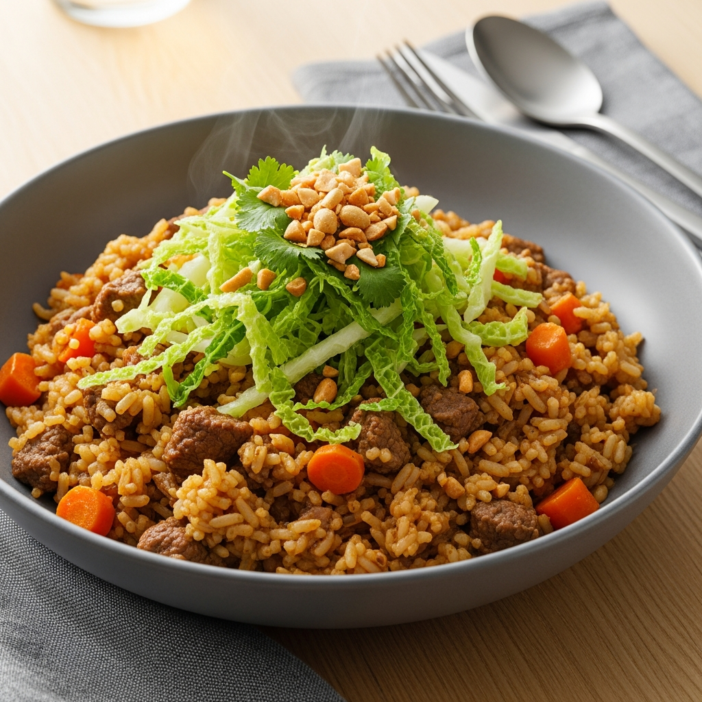 { "alt_text": "Orientalsk okse-risgryde i lys grå skål: cremet ris med brunet oksekød og gulerod, toppet med sprød spidskål, peanuts og friske urter", "file_name": "orientalsk-okse-risgryde-med-sproed-spidskaal-og-peanuts-4729" }