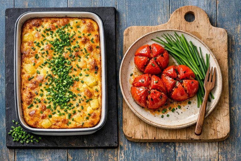 Ovnbagt æggekage i fad med kartofler og smeltet ost, serveret med ovnbagte tomater og ristet rugbrød