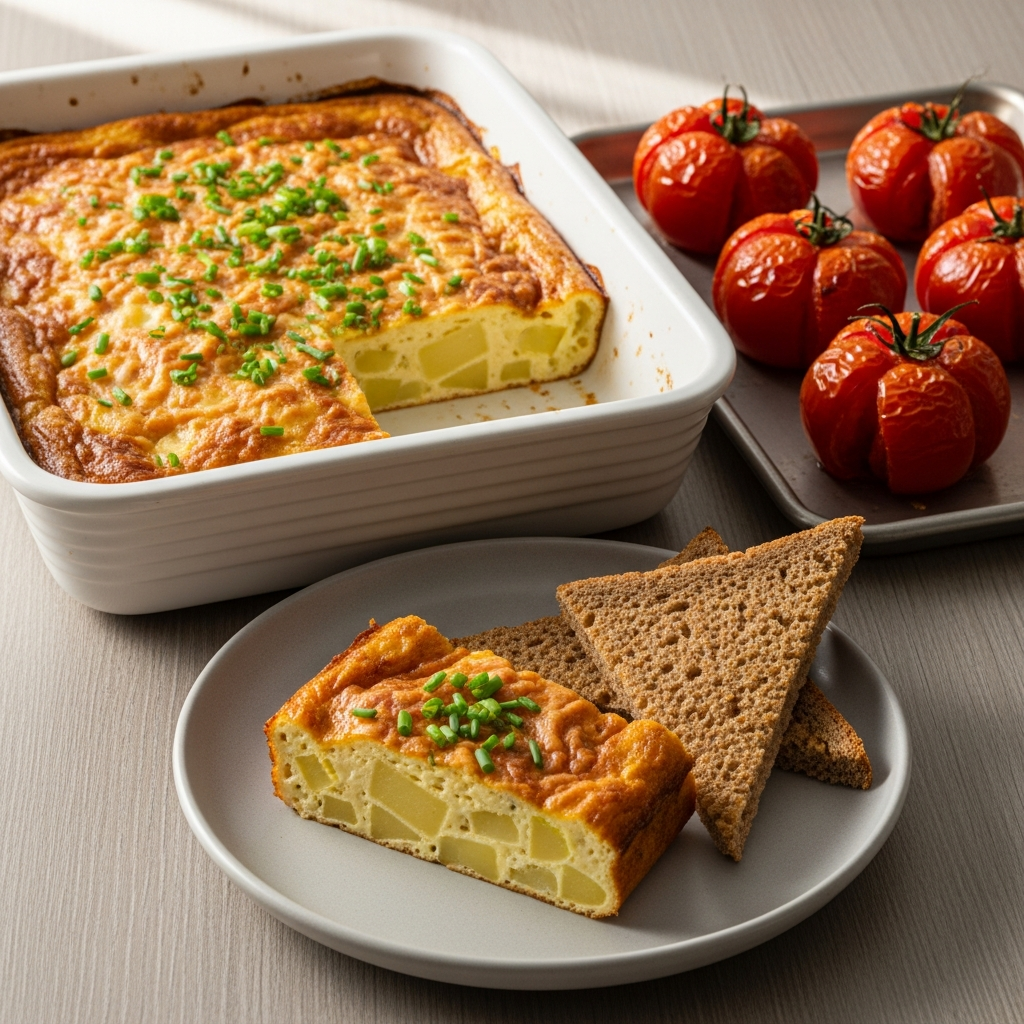 Ovnbagt æggekage med kartofler, ost og bagte tomater