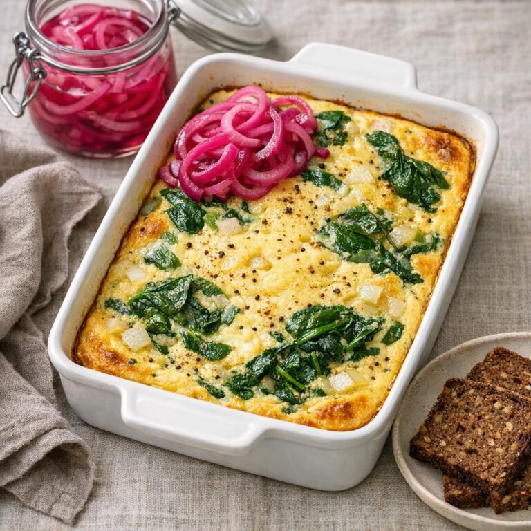 { "alt_text": "Ovnbagt æggekage med spinat i hvidt fad, toppet med syltede rødløg og ristet rugbrød ved siden af", "file_name": "ovnbagt-aeggekage-med-spinat-og-rugbrod-3847" }