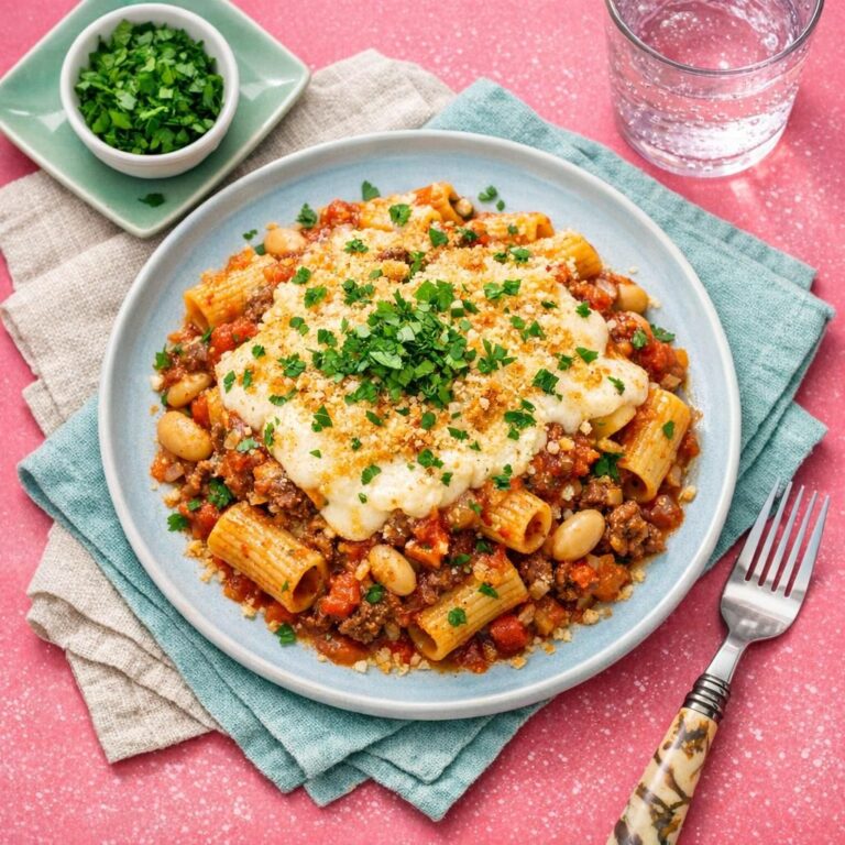 Ovnbagt pasta med oksekød og cannellinibønner, cremet bechamelsauce og sprød panko, toppet med frisk persille