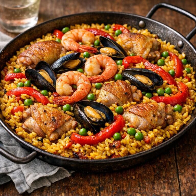 Paella med kylling og rejer i paellapande med safrangule ris, peberfrugt, ærter og muslinger