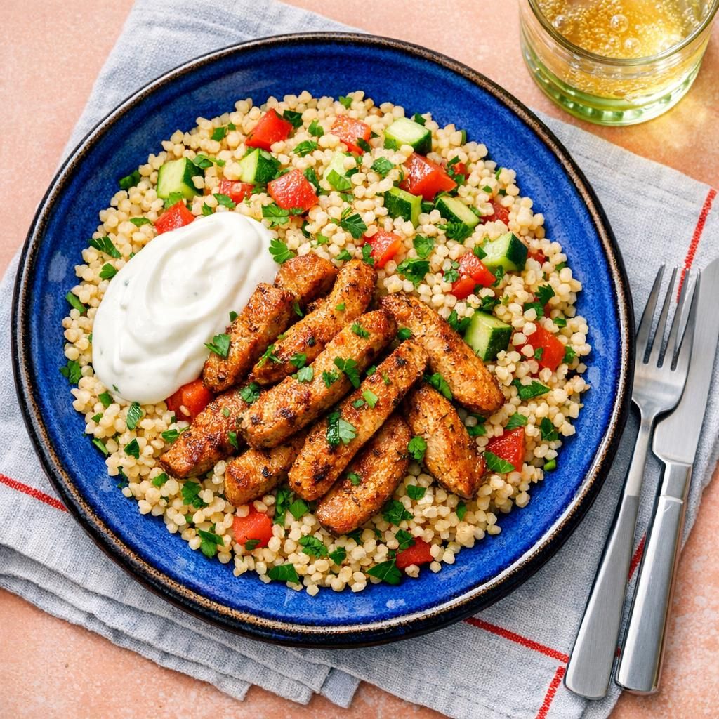 ‘Panamad’-krydret svinekød med granatæblebulgur og hvidløgsyoghurt