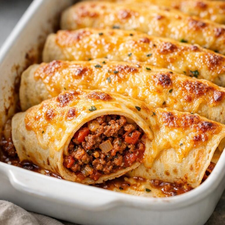 Ovnbagte pandekager rullet med saftigt oksekødsfyld i tomat og løg, toppet med gyldent smeltet cheddar i et fad