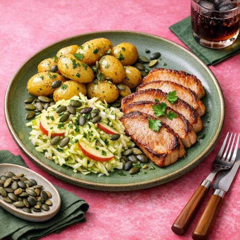 { "alt_text": "Pandestegt svinekød i skiver med smørvendte babykartofler og sprød kål- og æblesalat med græskarkerner på hvid tallerken, set skråt oppefra", "file_name": "pandestegt-svinekoed-med-smoervendte-kartofler-og-sproed-aeblesalat-5372" }