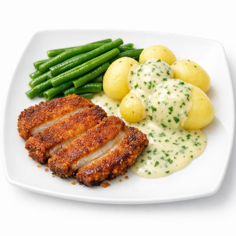 Paneret flæsk med kartofler, persillesovs og grønne bønner