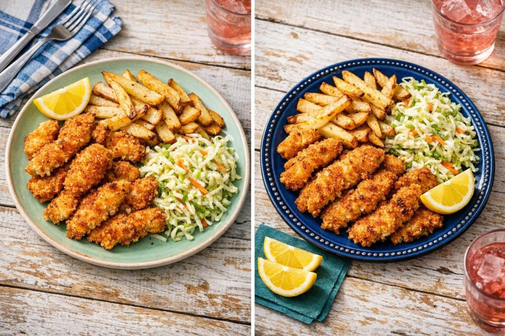 Paneret kylling med fritter og kålsalat