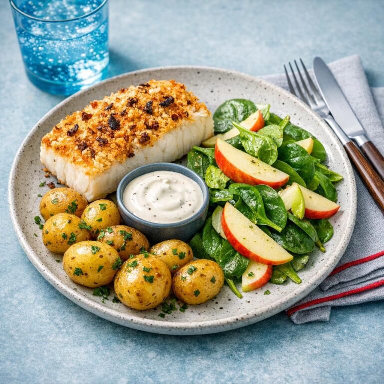 { "alt_text": "Pankopaneret hvid fisk med smørblanke babykartofler, æble-spinatsalat og en skefuld ranchdressing på lys tallerken", "file_name": "pankopaneret-hvid-fisk-og-ranchdressing-7369" }