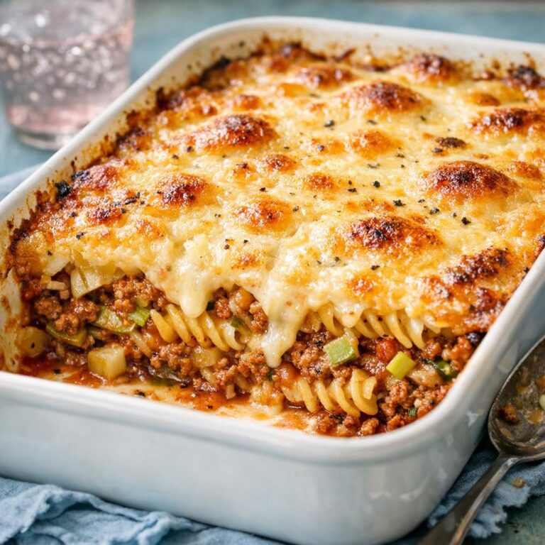 Bagt pastafad med oksekød, porre og knoldselleri under cremet mornaysauce, let gylden på toppen