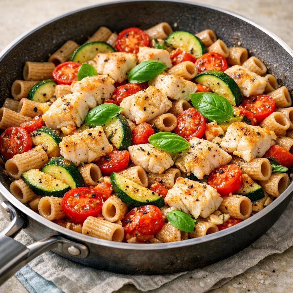 Pasta med fisk, squash og tomater