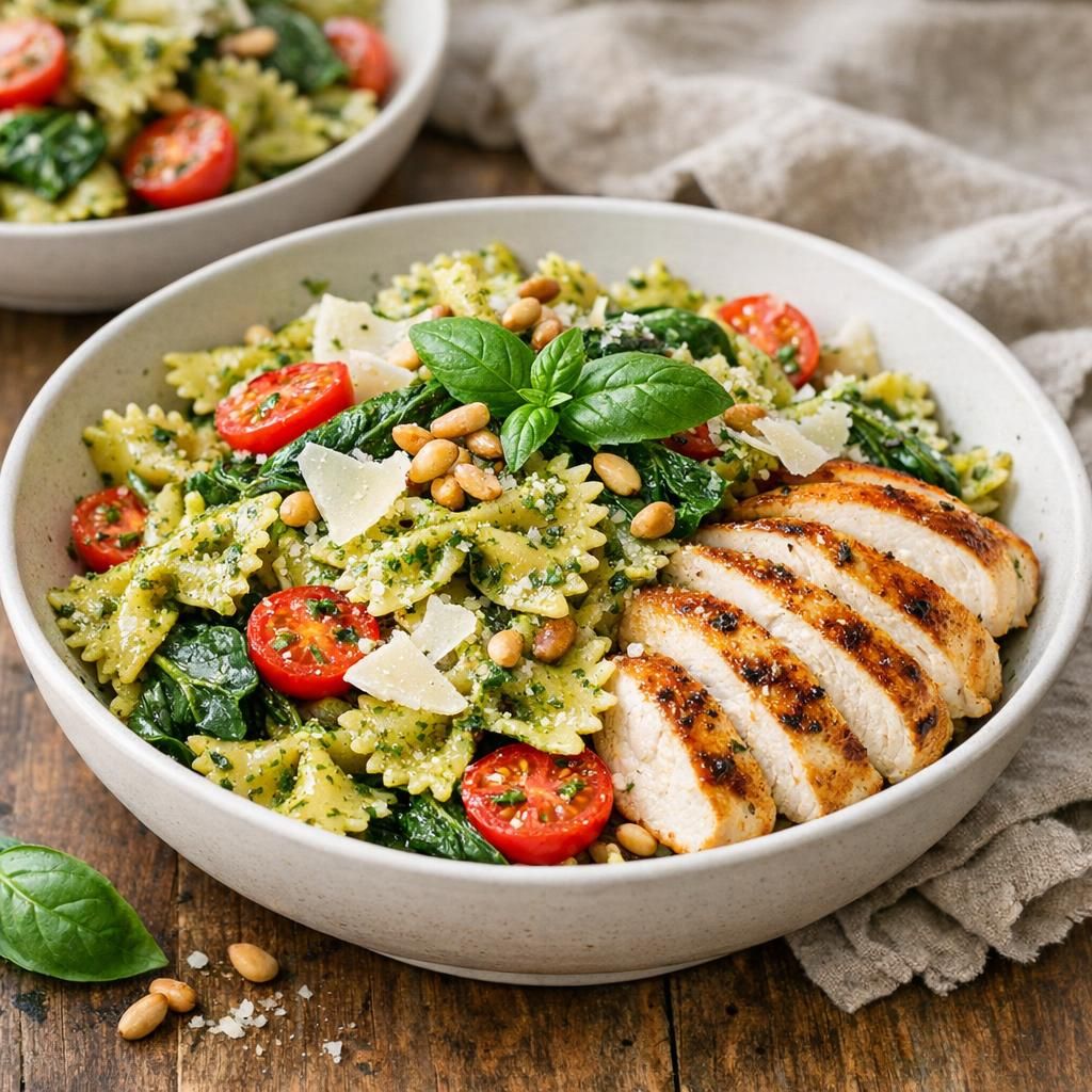 Pasta med grøn pesto, spinat og stegt kylling