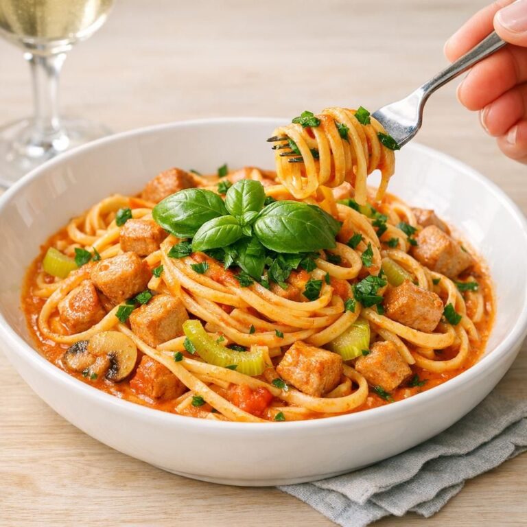 { "alt_text": "Pasta med koteletter i let cremet sauce med champignon, bladselleri samt basilikum og persille på hvid tallerken", "file_name": "pasta-med-koteletter-3847" }