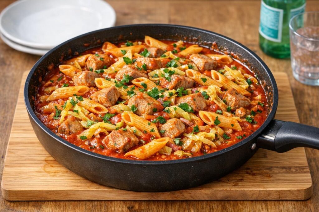 Pasta med spidskål og mørbrad i tomatsauce