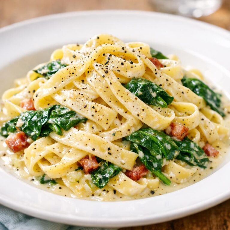 Cremet pasta med spinat, hvidløg og sprød bacon, vendt med forårsløg