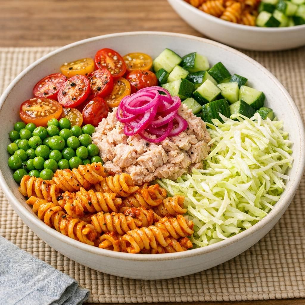 Pastabowl med tun, pesto og grønt