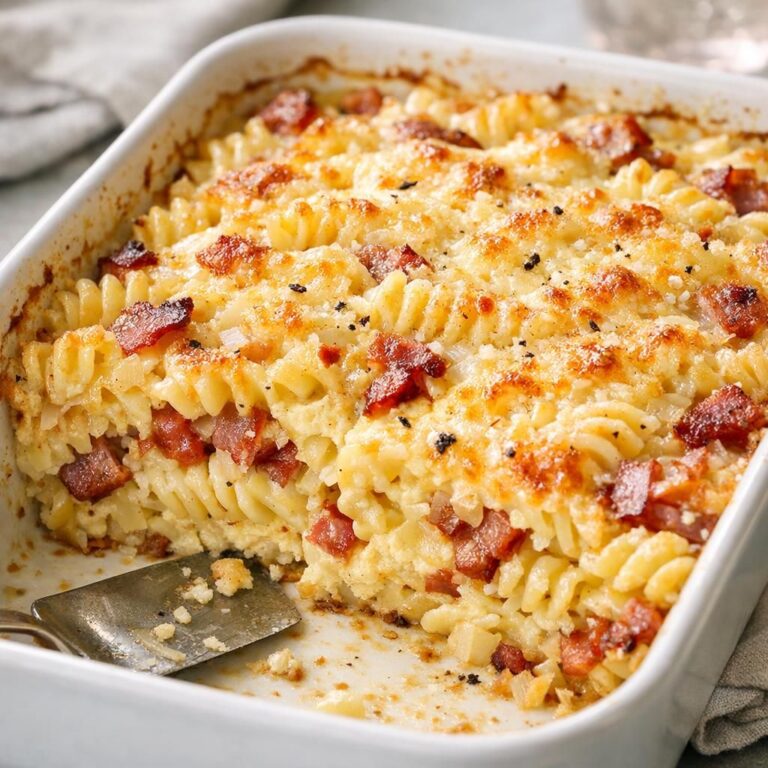 Ovnbagt pastafad med sprød bacon, bløde løg og cremet ægge-flødemasse, toppet med let gylden ost