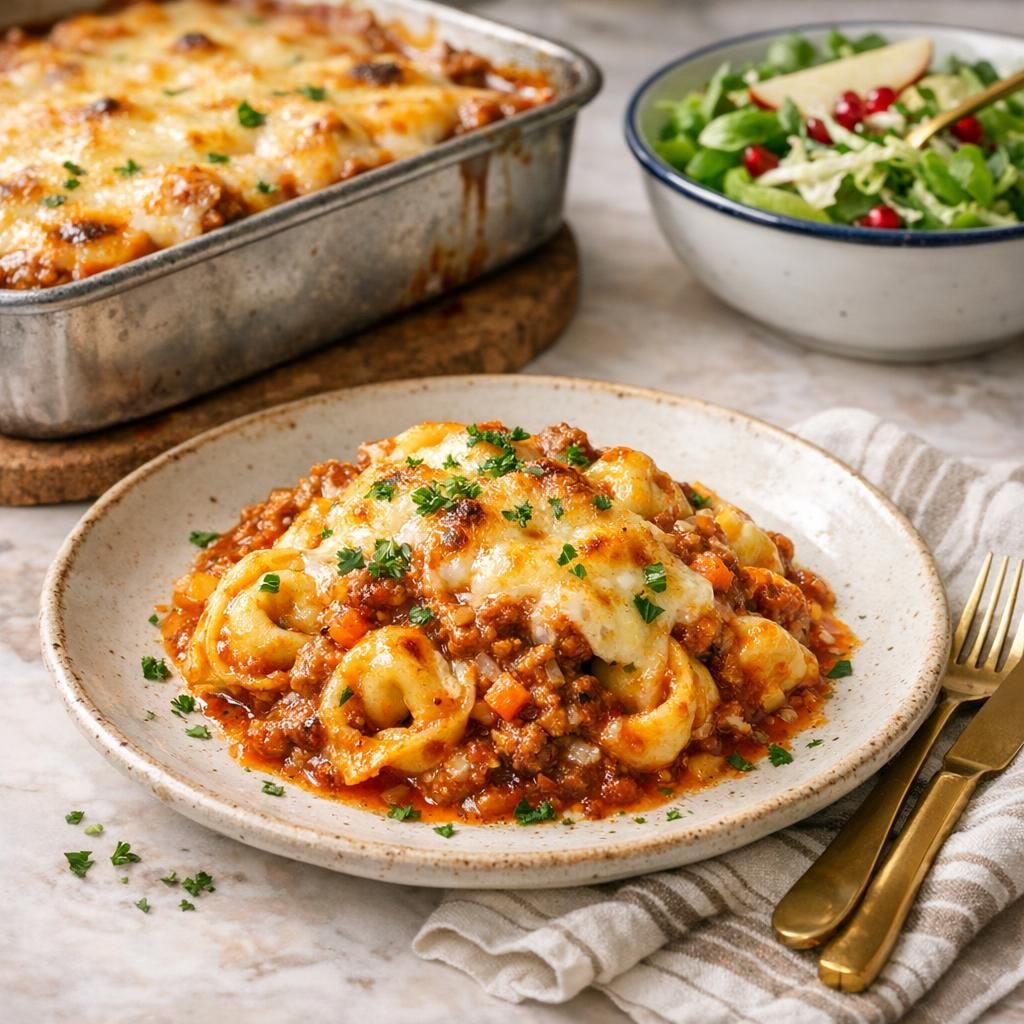 Pastafad med tortellini, kødsauce og ost