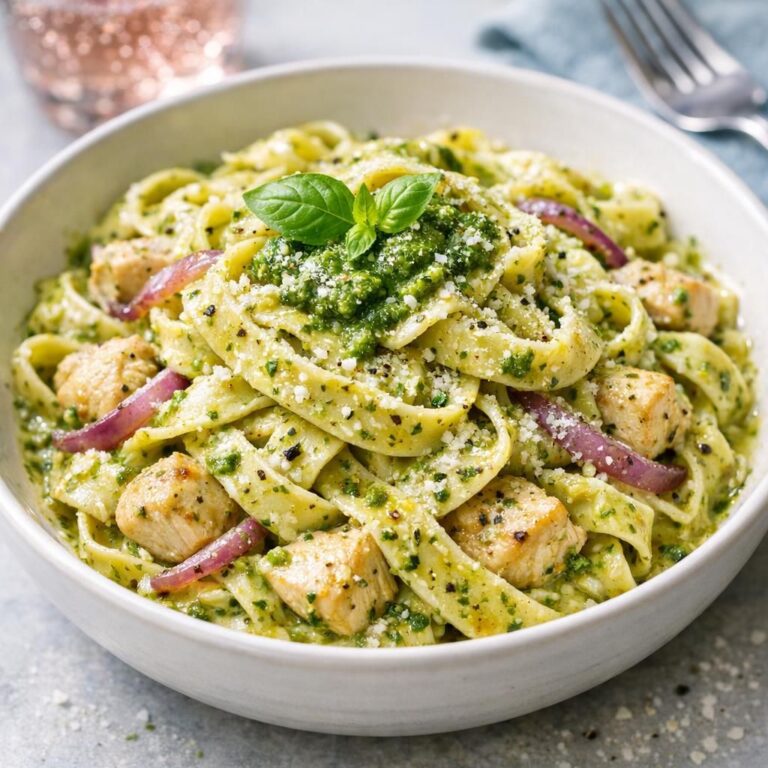 Nærbillede af cremet båndpasta med kylling og grøn pesto i pande, pyntet med basilikum