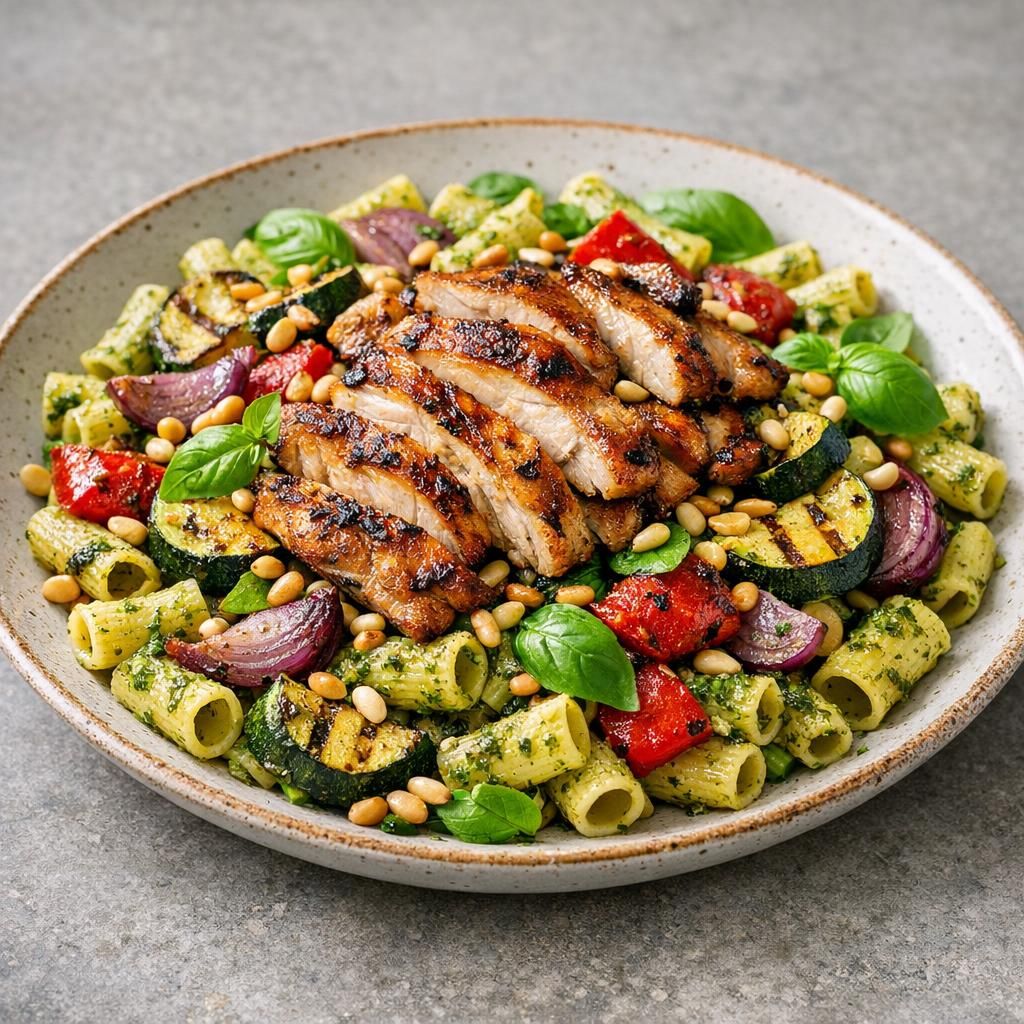 Pastasalat med grillede kyllingelår og sommergrønt