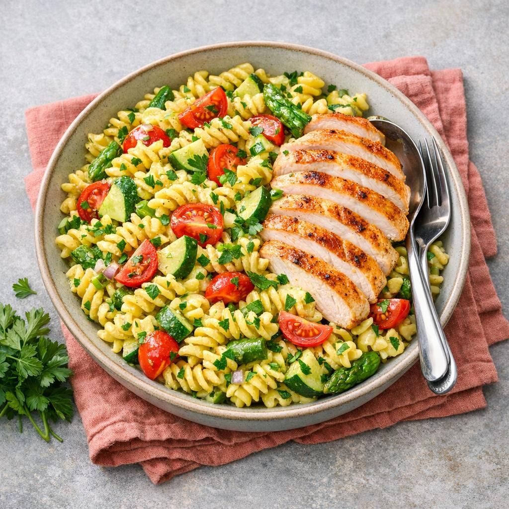 Pastasalat med kylling og karrydressing