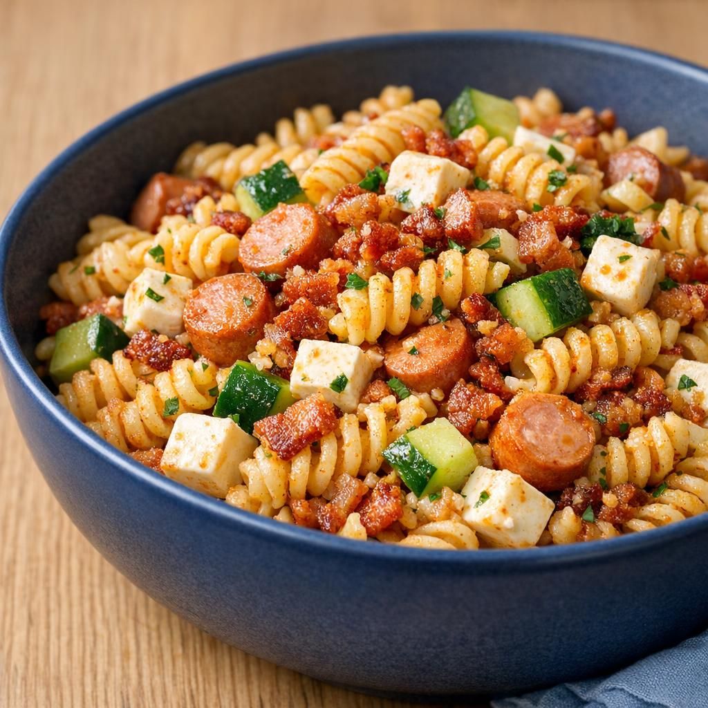 Pastasalat med rød pesto, bacon og pølser