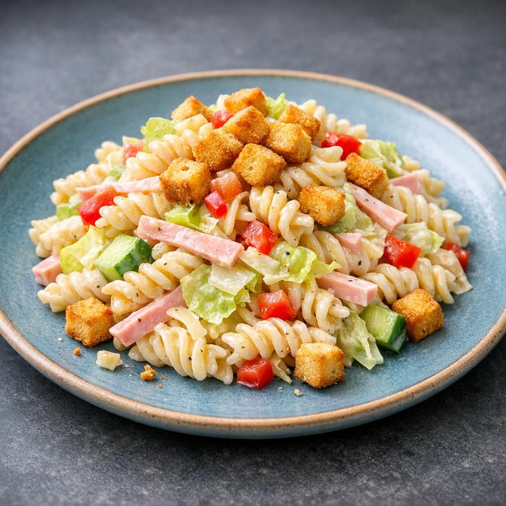 Pastasalat med skinke og sprøde croutoner