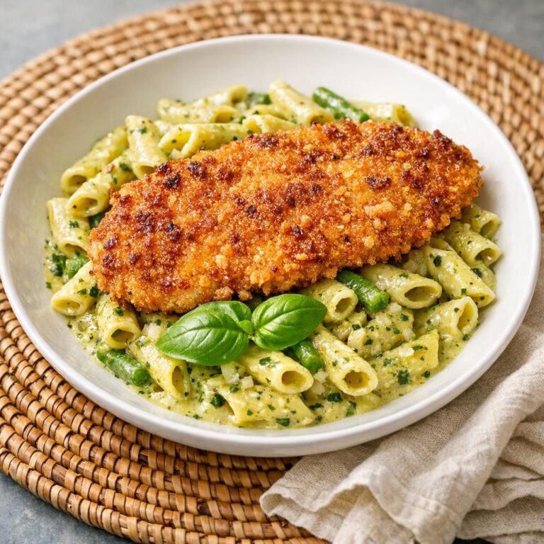 { "alt_text": "Pestopasta i cremet grøn pesto med grønne bønner, toppet med sprød gylden kyllingeschnitzel på hvid tallerken", "file_name": "pestopasta-med-sprod-kyllingeschnitzel-4827" }