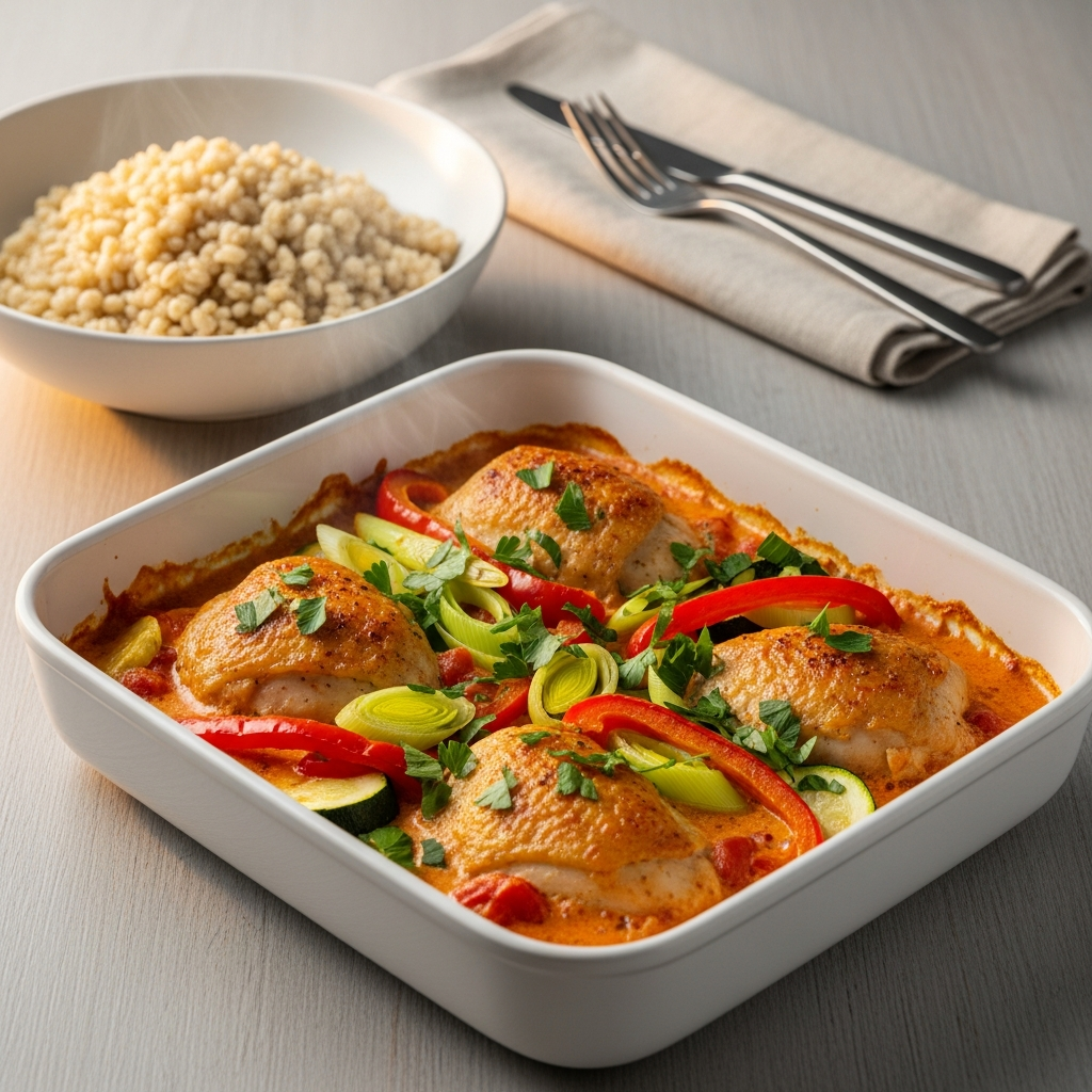 { "alt_text": "Hvidt fad med pikant kylling i cremet tomat-flødeostsauce med peber, porre og squash, toppet med persille; skål med perlebyg ved siden", "file_name": "pikant-kylling-i-fad-med-perlebyg-og-frisk-persille-7342" }