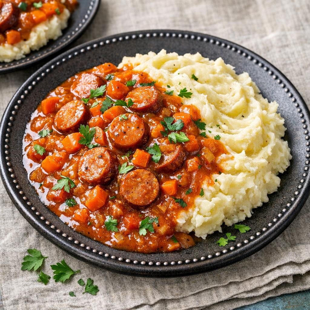 Pikant pølsegryde med kartoffelmos