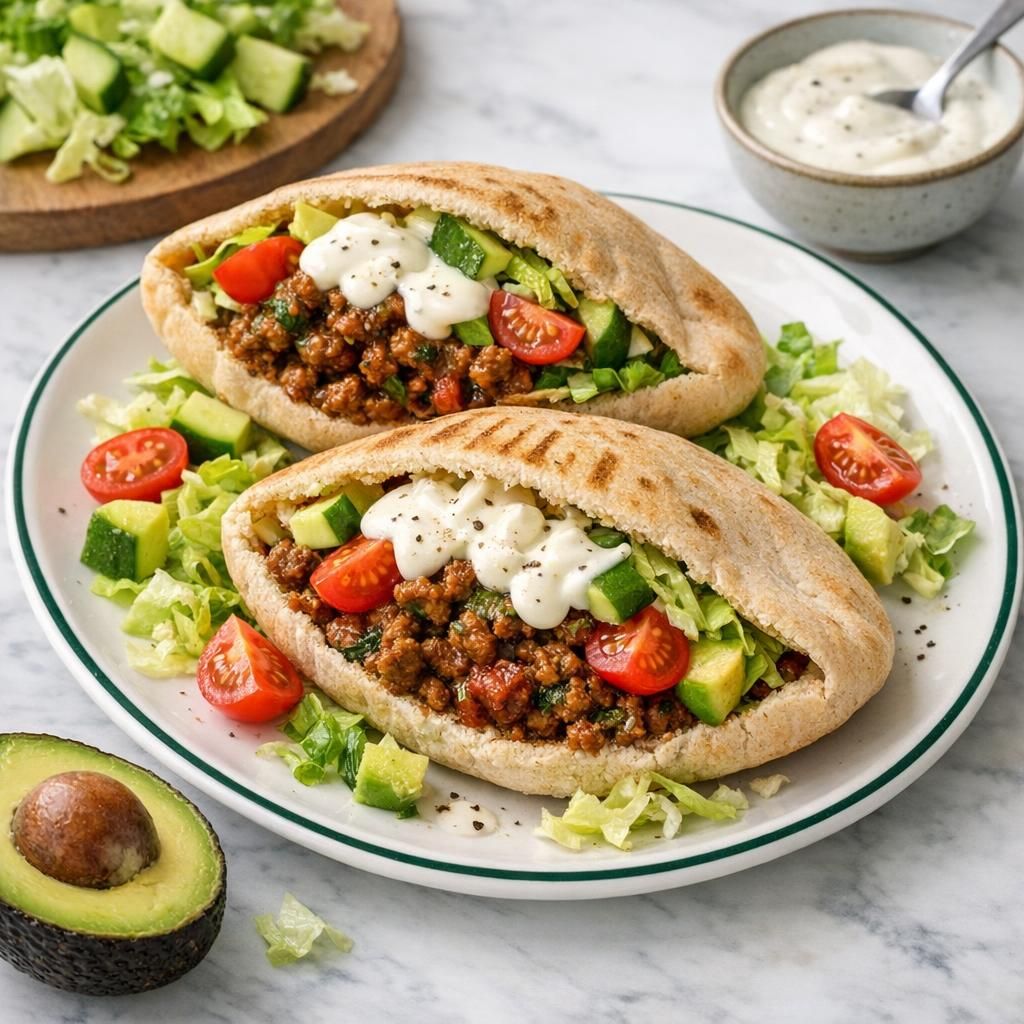 Pitabrød fyldt med hakket oksekød, pesto og grønt