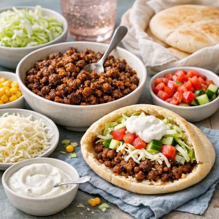Lune pitabrød med krydret hakket oksekød, icebergsalat, tomat, agurk, majs, mozzarella og mild kvarkdressing