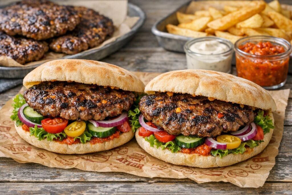 Pljeskavica i pitabrød med ajvar