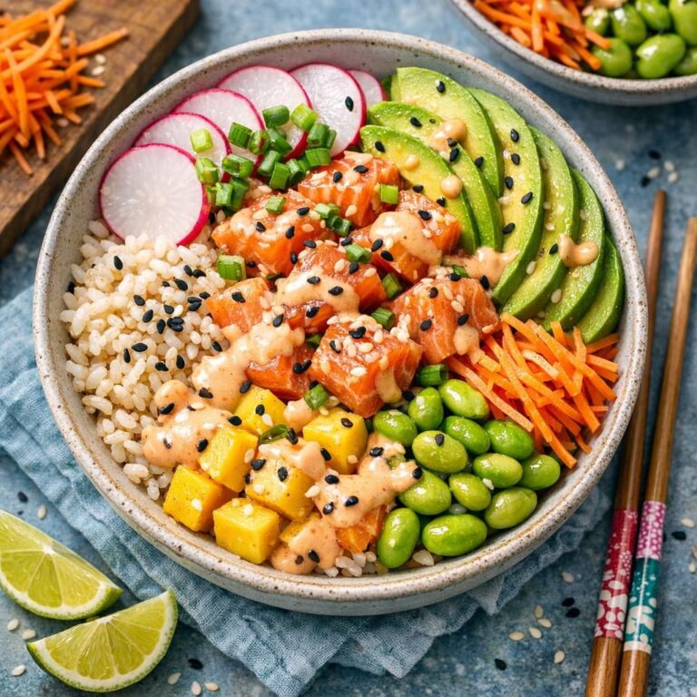 Poke bowl med lune ris, rå marineret laks, agurk, majs og avocado, toppet med sesam og soya-dressing