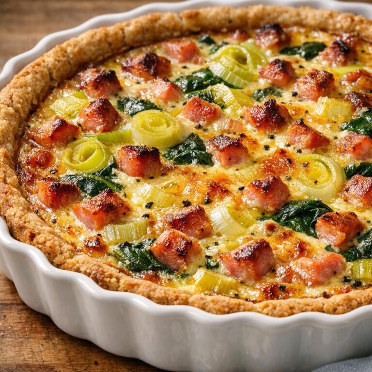 Porretærte med sprød, hjemmebagt bund og cremet æggefyld, fyldt med milde porrer, frisk spinat og skinke – gylden og saftig