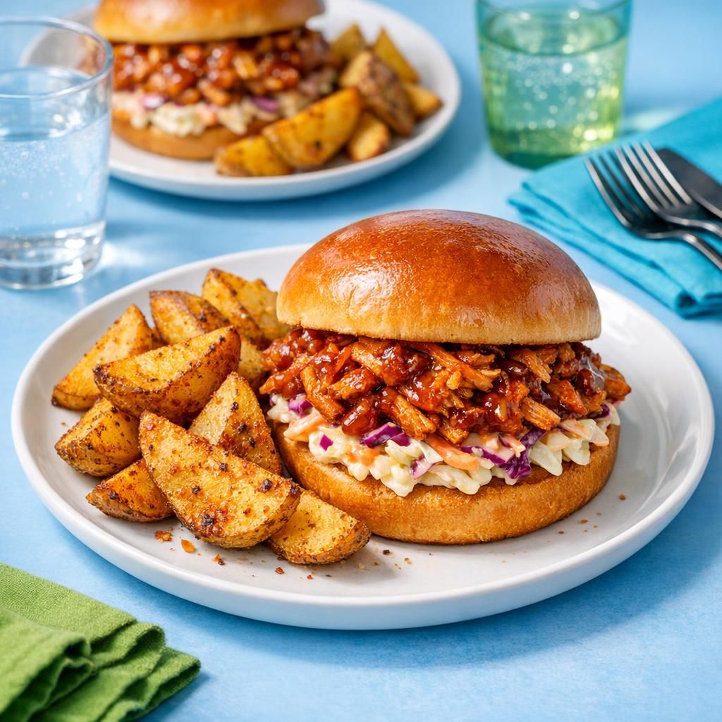 Pulled chicken burger med coleslaw og cajunkartofler