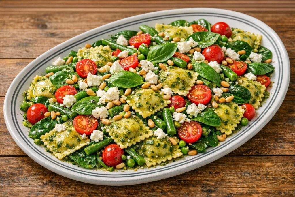 Raviolisalat med grøn pesto, bønner og feta