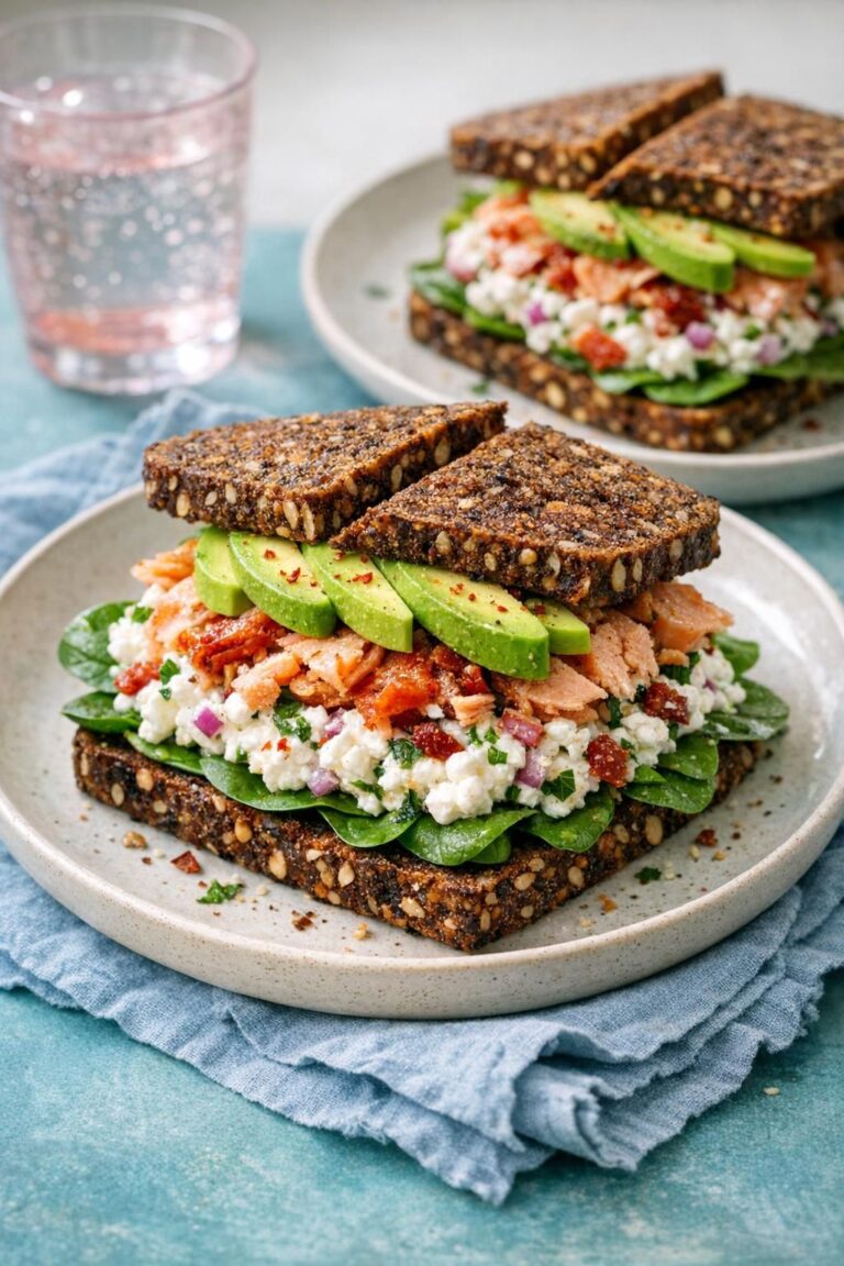 { "alt_text": "To toastede rugbrødssandwich med varmrøget laks, hytteostfyld, spinat og avocado på off‑white tallerken", "file_name": "rugbrodssandwich-med-varmroget-laks-og-hytteostfyld-4827" }