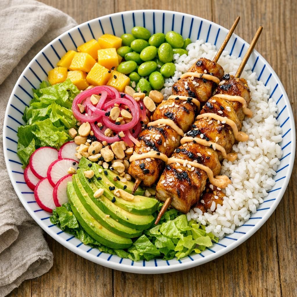 Salatbowl med teriyakikylling på spyd