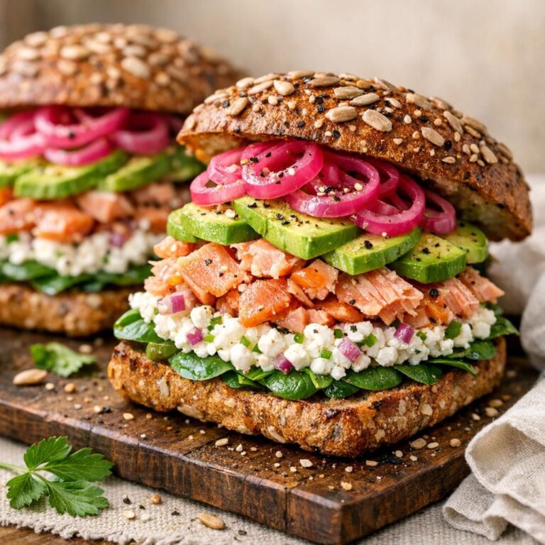 { "alt_text": "Sandwich med varmrøget laks, hytteost med rødløg og urter, spinat, avocado og syltet rødløg på ristet grovbolle, set i 30–40° vinkel med naturligt sidelys.", "file_name": "sandwich-med-varmroget-laks-og-hytteost-4386" }