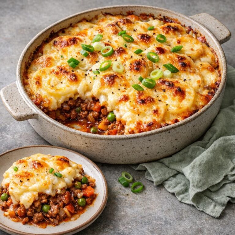 { "alt_text": "Shepherd’s pie i hvidt ovnfad: flødekartofler og grøntsager under gylden, boblende ost; et hjørne afslører tomatbaseret kødfyld", "file_name": "shepherds-pie-med-flodekartofler-og-grontsager-4732" }