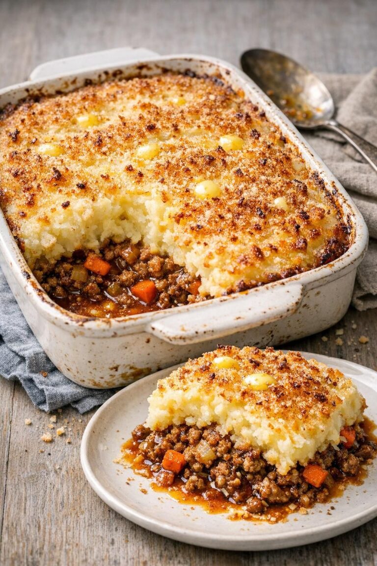 Shepherds pie med gylden, sprød kartoffelmos over saftig lammekødsauce med løg og gulerødder