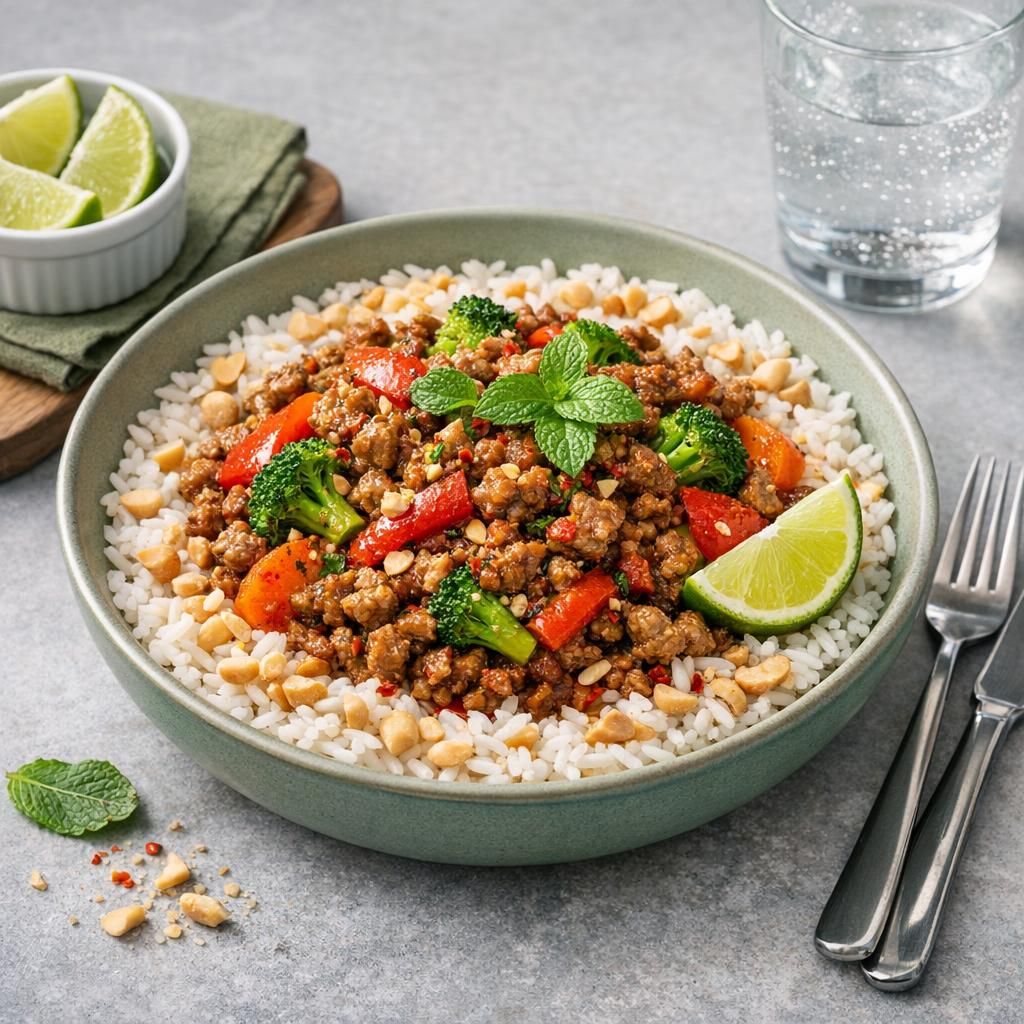 Sød chilimarineret svine- og kalvekød med peanutris og frisk mynte