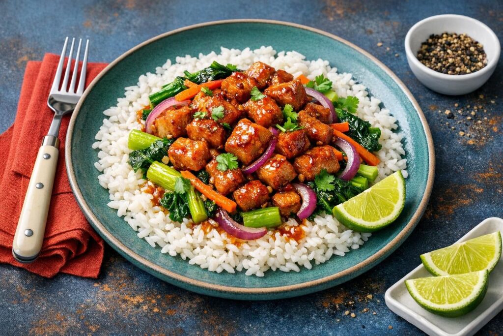 Sød chilimarineret svinekød med kinesisk broccoli & jasminris