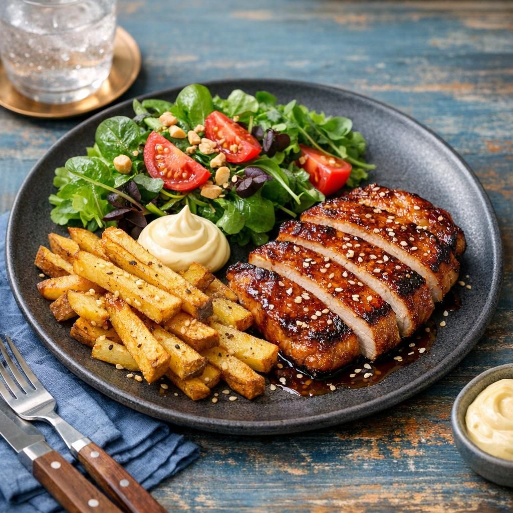 Sojastegte svinekoteletter med sesamfritter og sprød salat