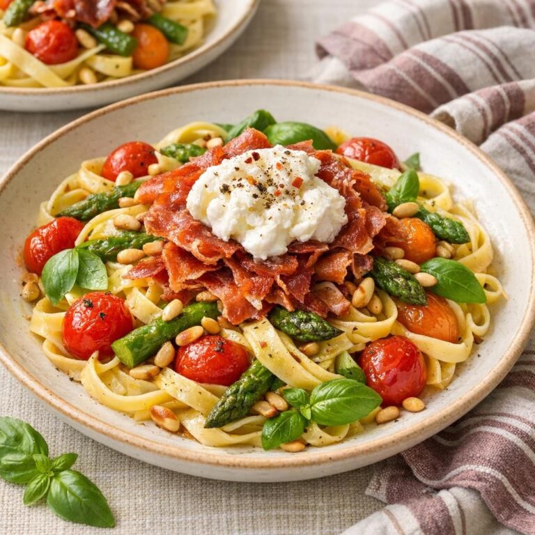 { "alt_text": "Sommerpasta med burrata, sprød serranoskinke, cherrytomater, asparges, basilikum og ristede pinjekerner i hvid skål", "file_name": "sommerpasta-med-burrata-og-sproed-serranoskinke-3729" }